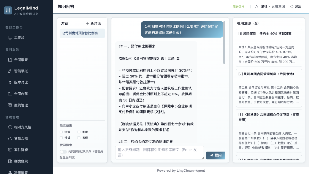 灵法 LegalMind 知识问答：答案右侧列出 5 条引用溯源