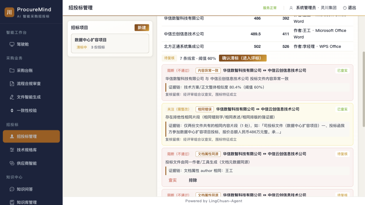 灵采 ProcureMind AI 清标：7 条线索、证据链可回溯